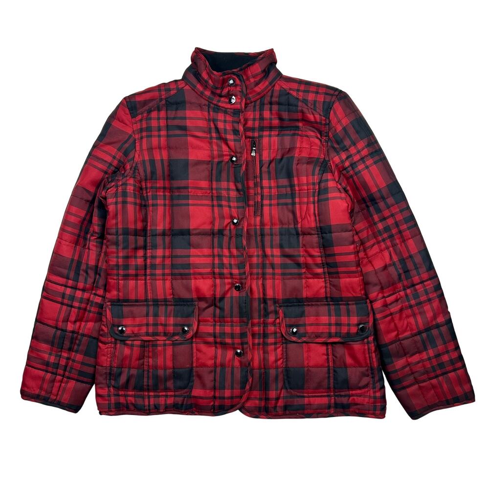 Lauren Ralph Lauren Puffer Jacket Womens L Red Black Plaid Quilted Tartan Coat